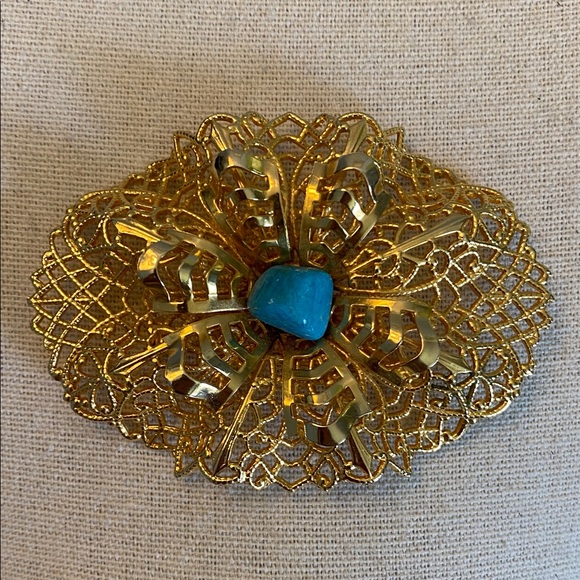 Gold Filigree Brooch with Turquoise Accent - Picture 1 of 6